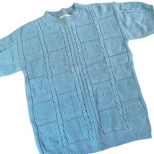 Vintage Orvis Floral Heart Sweater Blue Cable Chunky Knit Prep Sz Large USA